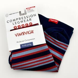 VIM & VIGR Compression Knee-High Socks Wide Calf L/XL 15-20 mmHg Navy Striped